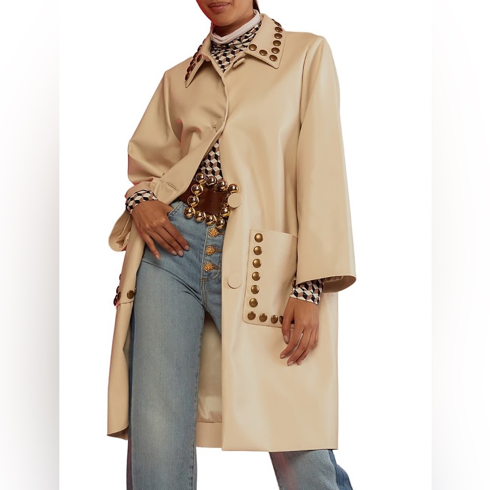 Cynthia Rowley Vegan Studded Leather Coat Cream Trench Coat